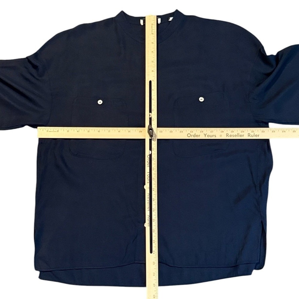Vince Womens Silk Blend Utility Blouse L Navy Blue Short Sleeve Minimalist Shirt - Picture 6 of 8